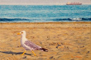 Busy Bird/Venetian Blues, oil on linen 20x30 cm (white gold plated hand made frame)- Euro 995