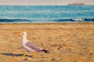 Busy Bird/Venetian Blues, oil on linen 20x30 cm (white gold plated hand made frame)- Euro 995