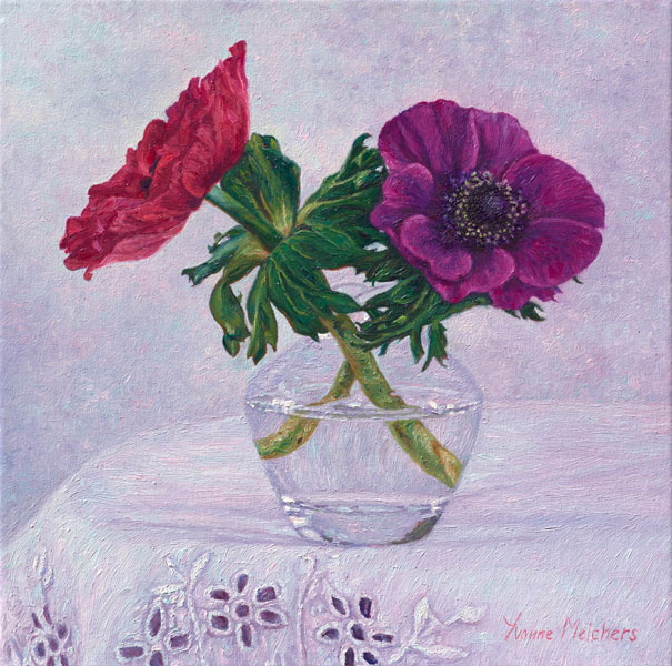 Glass with red and purple anemone, oil on canvas, 30 x 30 cm
