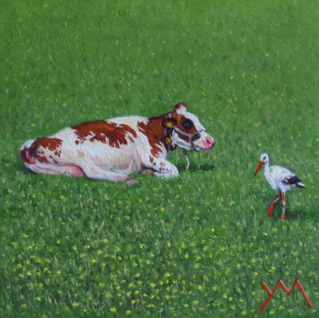 Yvonne Melchers, The Cow and the Stork, oil on panel 14x14cm. In a private collection