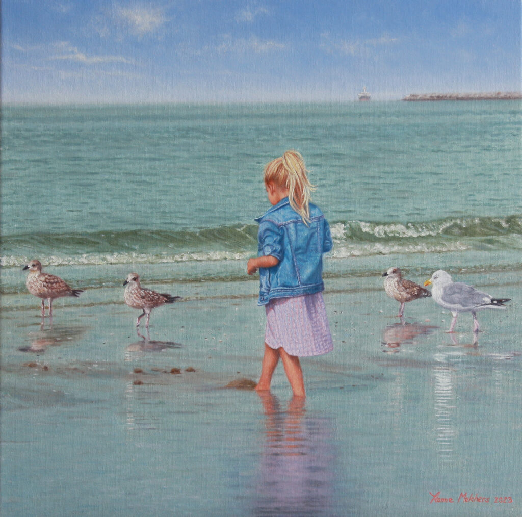 Yvonne Melchers, Charlie in IJmuiden/North Sea Blues, oil on linen 50x50 cm (2023) - in a private collection