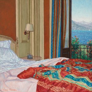 Yvonne Melchers Room with a View/Summer in Stresa, oil on linen, 40 x 40 cm (2012)- Sold - A digitized version of this painting is going to be launched to the moon, see my news page!